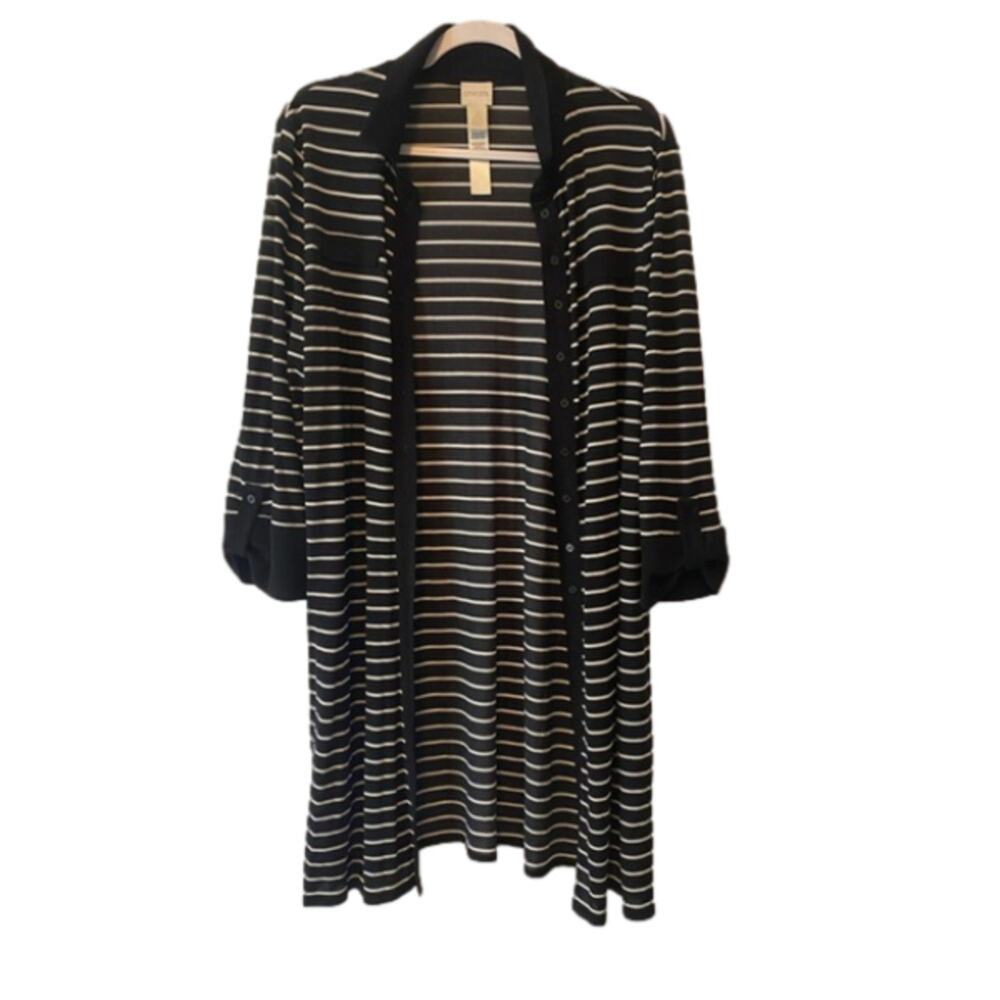 Chico's Women's 2‎ US L Chic Stripe Longline Black White Cardigan Office Travel
